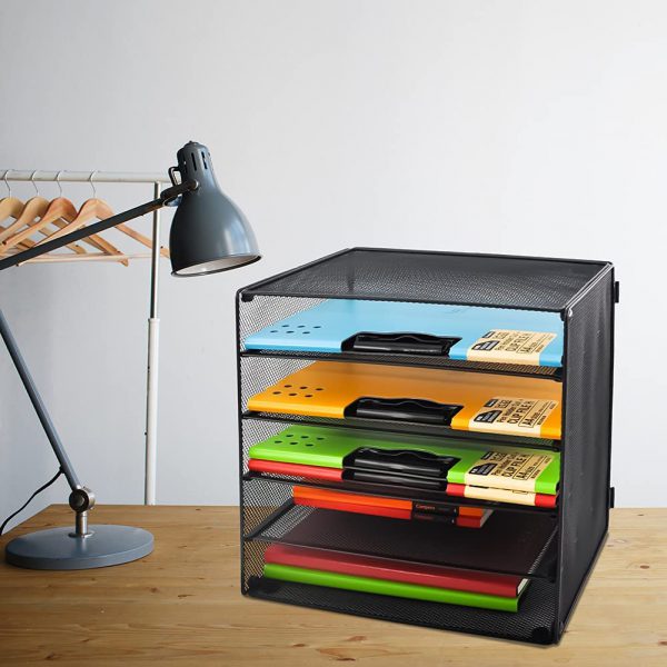 5 Slots Mesh Paper Holder Storage Filing Trays for A4 Papers, Black