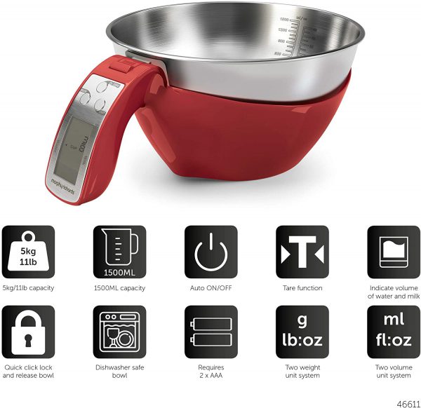 Kitchen Scales, Equip Range, 3-in-1 Digital Scales with Jug, Red